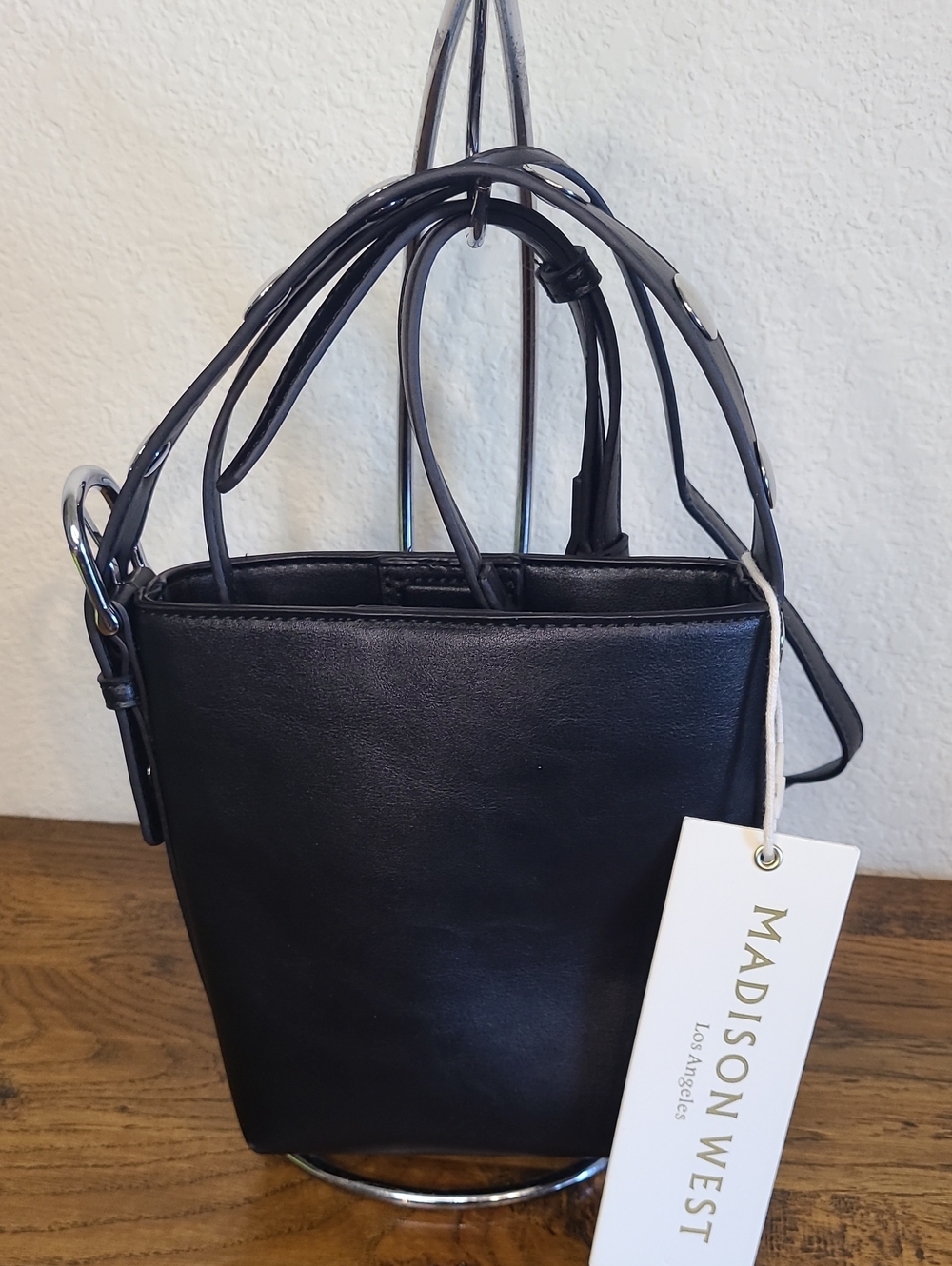 Madison West Black Leather Mini Crossbody Tote